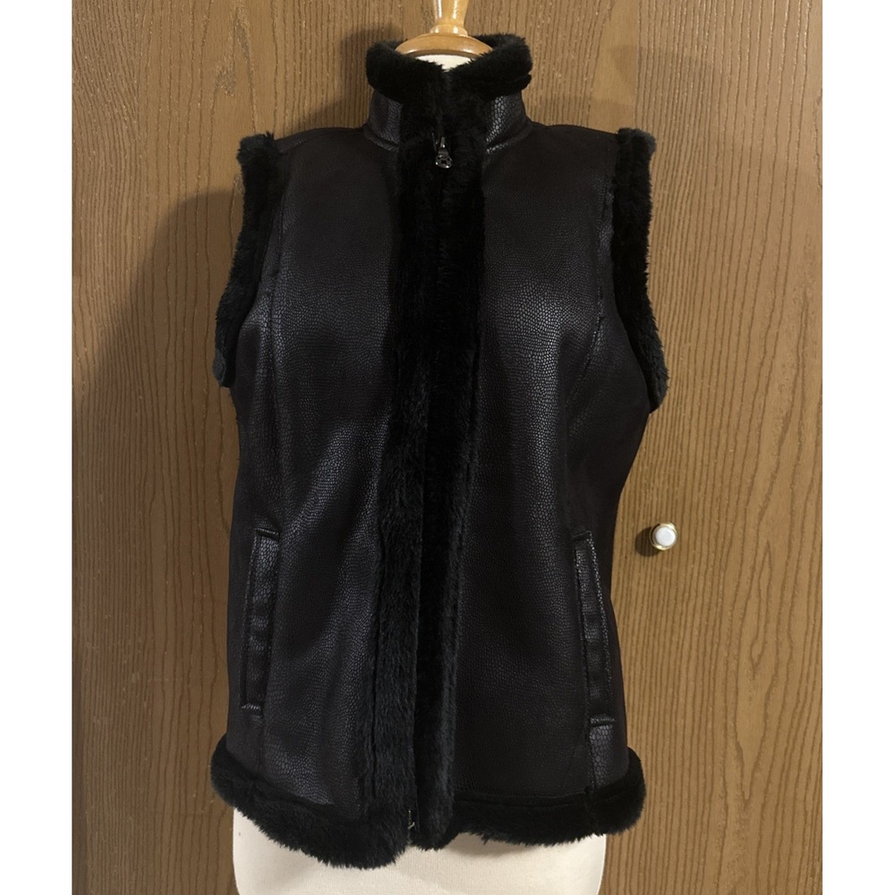 Very Stylish Women Black Warm Vest Faux Fur Faux Leather Size L